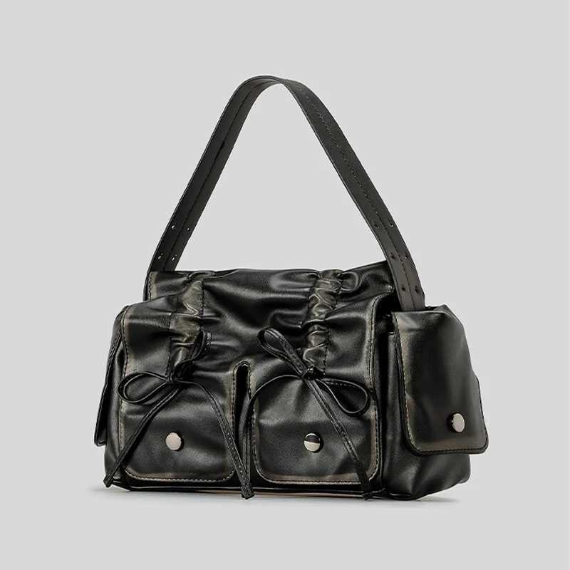 Moto biker Bags for Women Designer Handbags Nad Purses 2024 New In Distressed Pu Leatther Rivet Bow Underarm Shoulder Bag Z250609