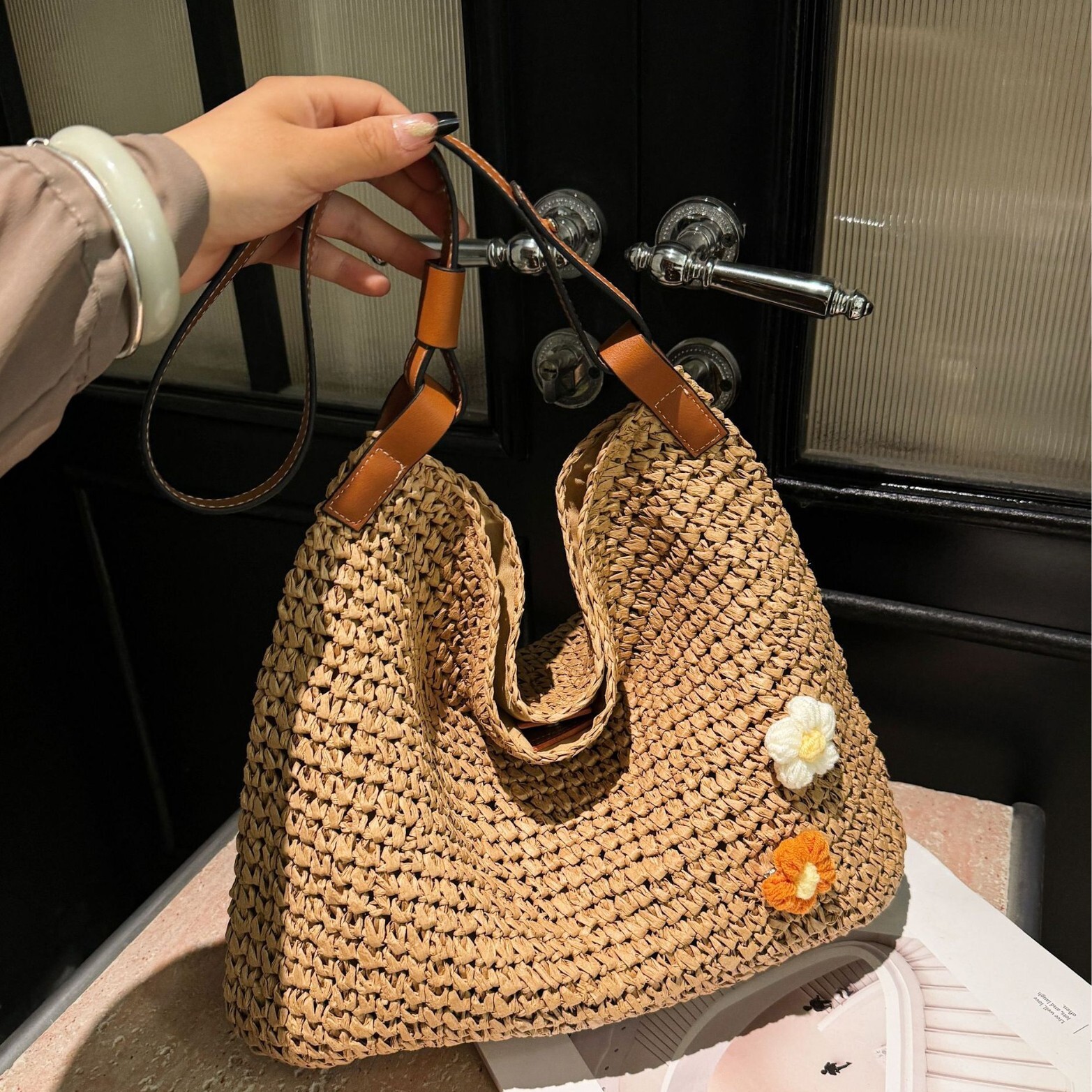 designer Vintage Woven Bag Women's 2025 New Trend Beach Vacation Shoulder Bag Large Capacity Tote Bag Stra