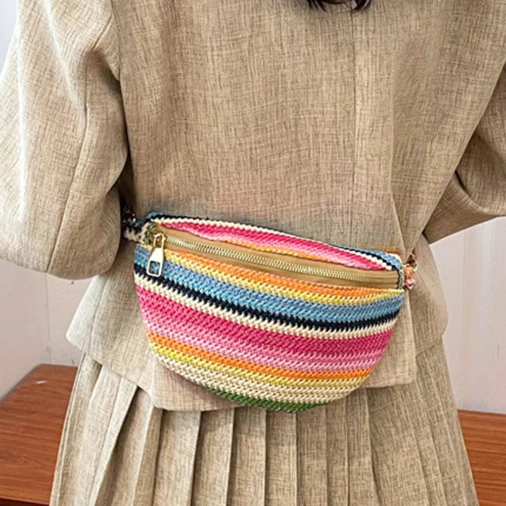 Rainbow Striped Fanny Pack Bum Bag Fashion Straw Woven Waist Bag Adjustable Strap Simple Portable Colorful for Weekend Vacation 250603