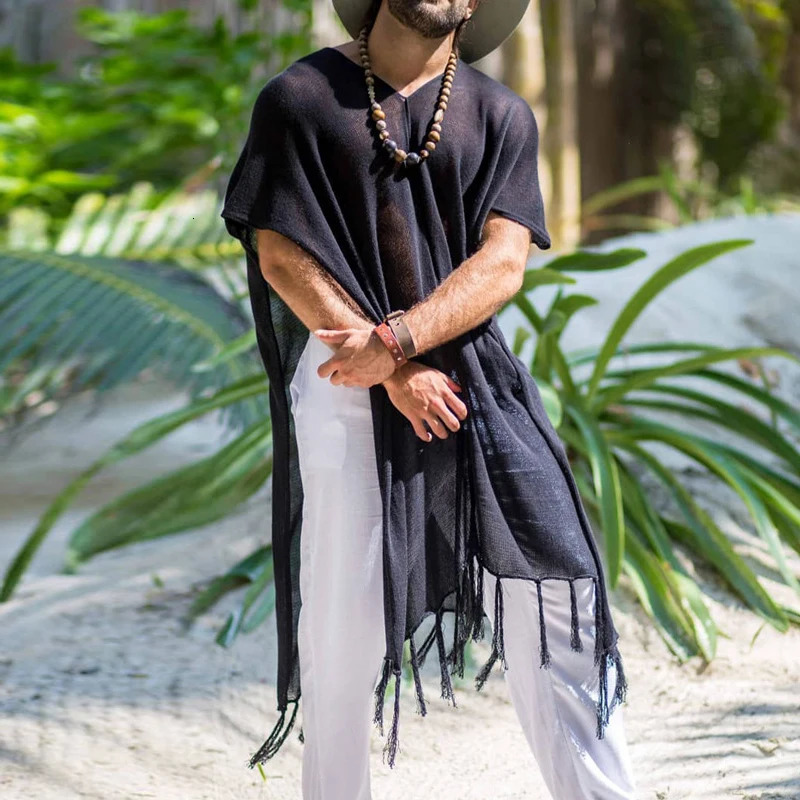 Vacation Seaside Beach Casual Loose Cloak Men Summer Leisure Breathable Cover-up Shirt Mens Boho Vintage Tassel Tops Pullovers 250603