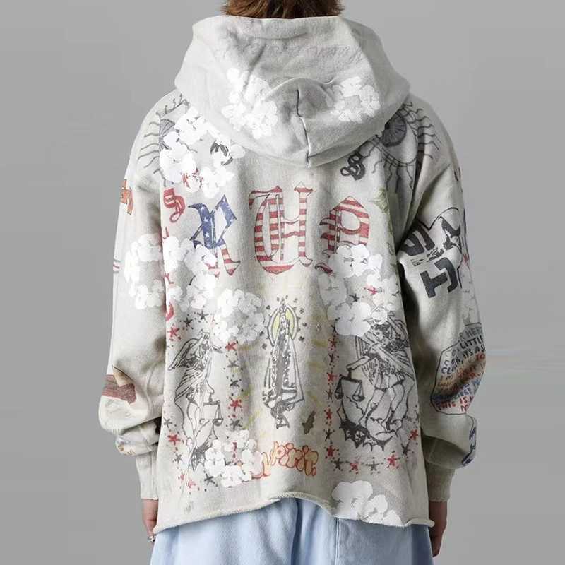 Harajuku Retro Kapok Graffiti Casual Hooded Hoodies for Men and Women Streetwear Oversized Terry Sweatshirts Loose Hip Hop Hoody Z250609
