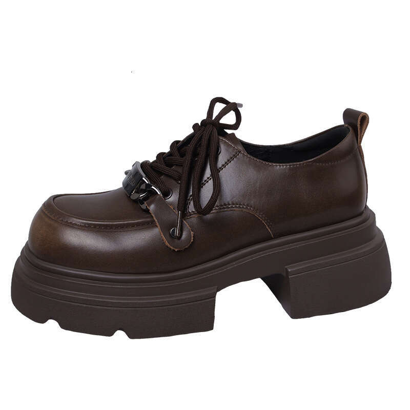 Genuine Leather British Style Women's 2024 Spring New Versatile Lace-up Single Shoes Thick Sole Height Increasing Black Loafers