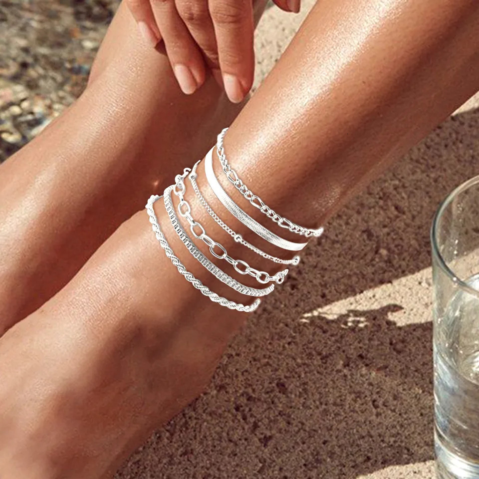 Multi-piece Set Bohemian Vacation Simple Style Stackable Vegan Chain for Women Summer Anklet Plated 18K gold Silver hypoallergenic 250606
