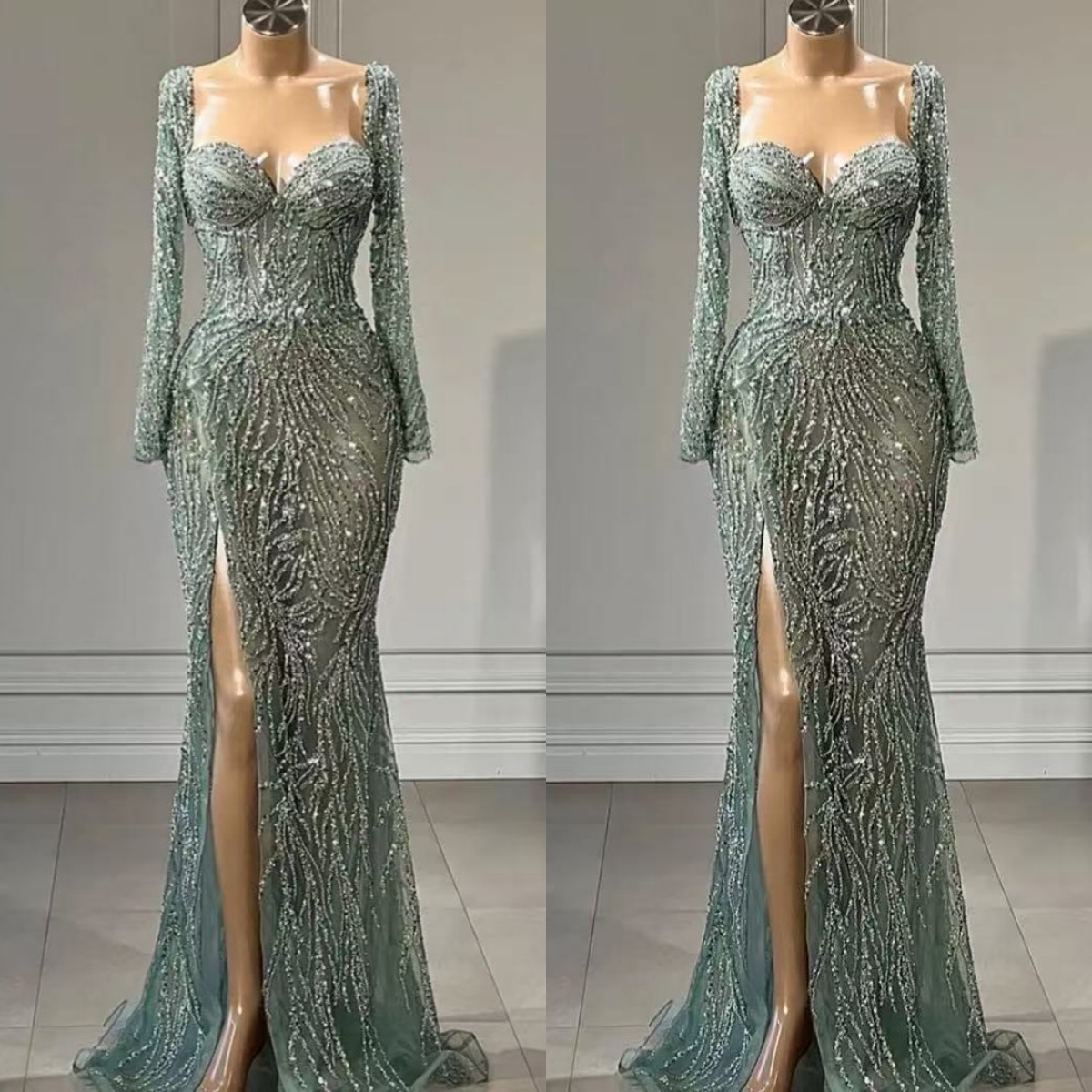 Exquisite Mermaid Evening Dress Square Neck Sequins Beaded Prom Gowns Side High Splits Floor Length Formal Dresses Customized