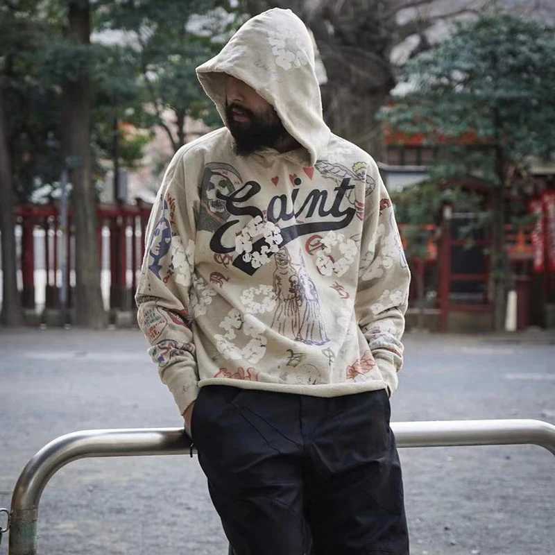 Harajuku Retro Kapok Graffiti Casual Hooded Hoodies for Men and Women Streetwear Oversized Terry Sweatshirts Loose Hip Hop Hoody Z250609