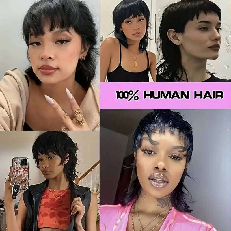 Short Mullet Wig Straight Pixie Cut Wigs 100% Human 12 Inch Brazilian Remy Hair Natural Color 180% Density For Black Women