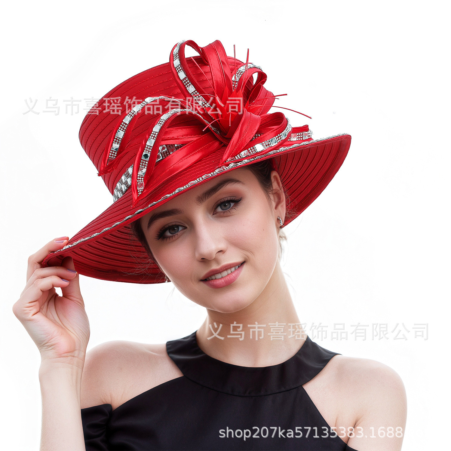 French Style Socialite Fabric Hat for Women Summer Sun Protection Hat with Rhinestones and Feathers Fabric Sun Hat 250410