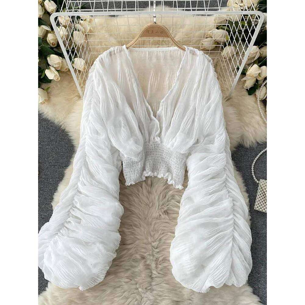 Summer Sexy Draped Chiffon Blouse For Women Elegant V-Neck Puff Long Sleeve Short Tops Female Slim Party Shirts 2022 New Fashion