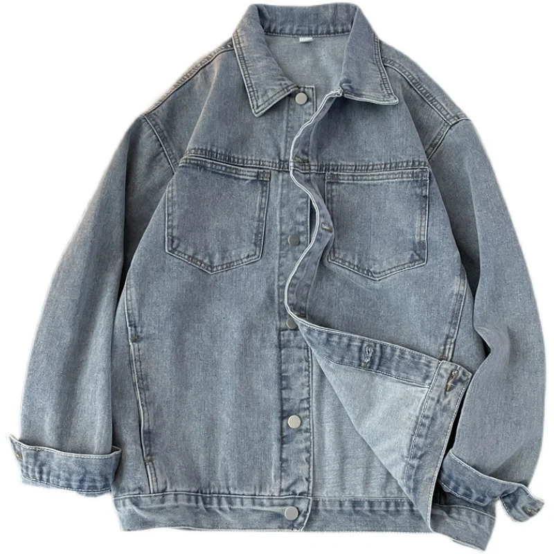 American High Street Fashion Solid Denim Jacket Men Spring Autumn Korean Blue Loose Tops Retro Long Sleeve Lapel Coat 250530