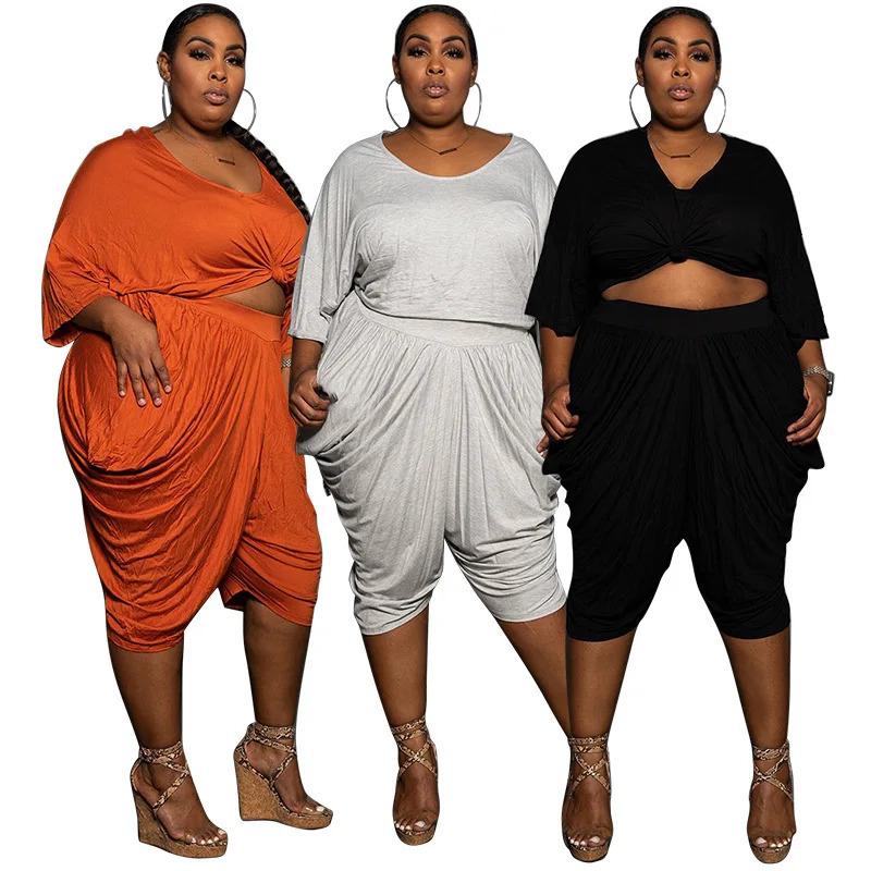 Plus Size Women Clothing Wholesale Casual Fashion Solid Loose Crop Top Stacked Wide Leg Pants Two Piece Sets Summer Drop 250530
