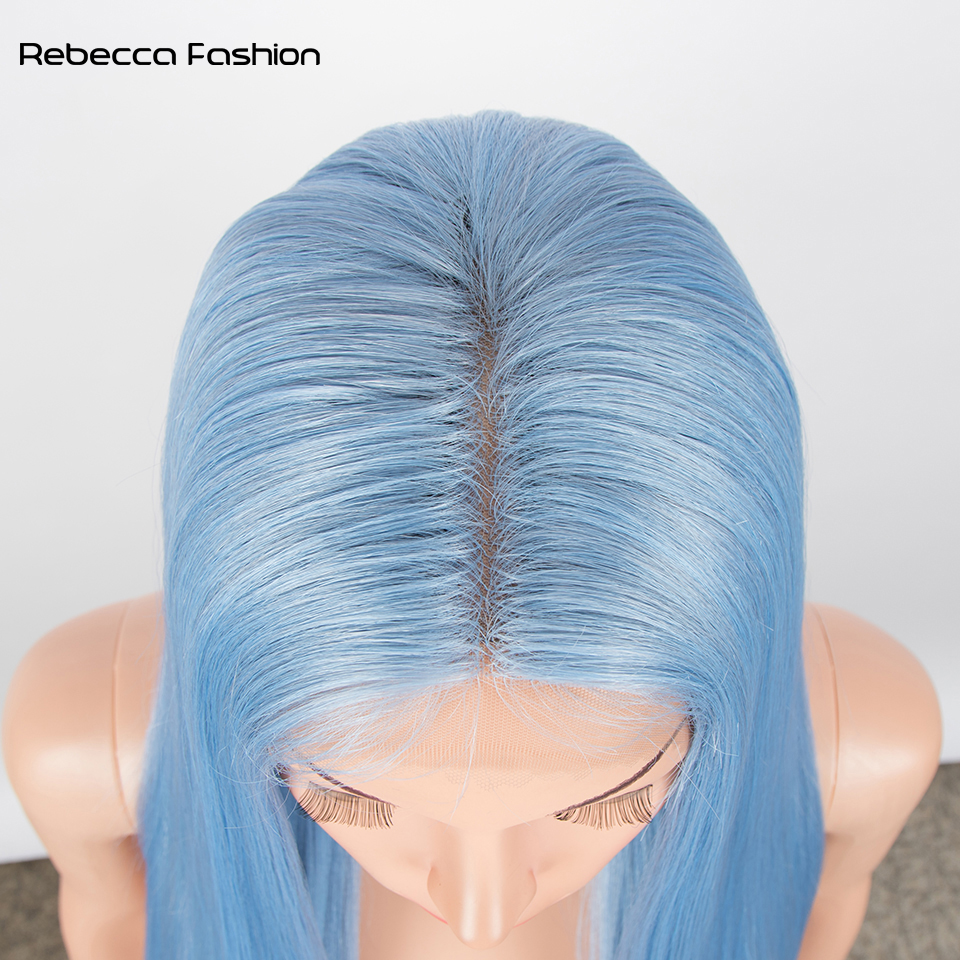 Rebecca Fashion Synthetic Blue Highlights Colors Straight Wig Middle Part Lace Wigs For Black Women Heat Resistant Cosplay