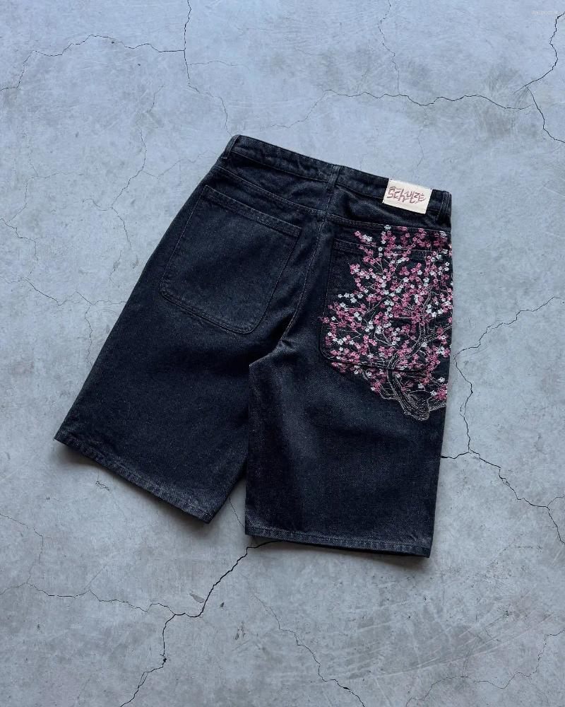 Men's Shorts Fashion Cherry Blossom Pocket Embroidery Jeans Men Women Retro Baggy Black Denim Short Jorts Hip Hop Streetwear Pants