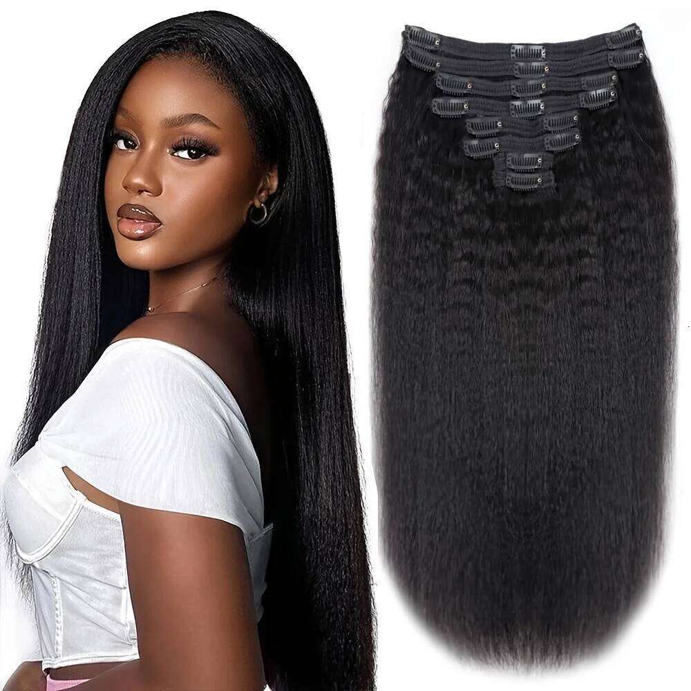 Straight in 120g 18Inch Kinky Clip Ins Brazilian Remy Hair Extensions Natural Black #1B For Woman