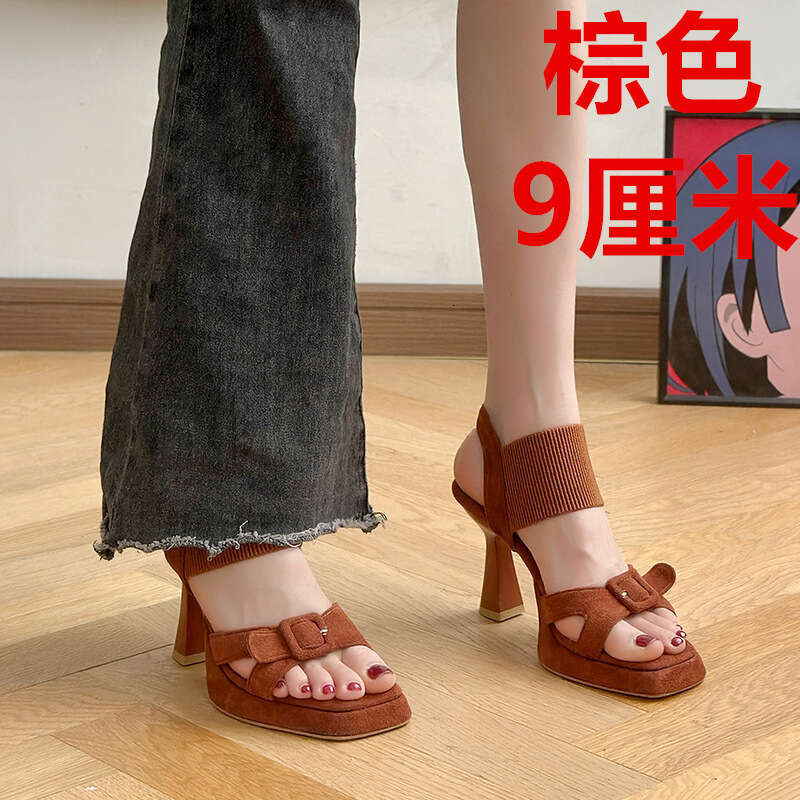 Suede Square Thick Sole Stiletto Sandals for Women 2025 Summer New Belt Buckle Waterproof Platform Open Toe High Heels