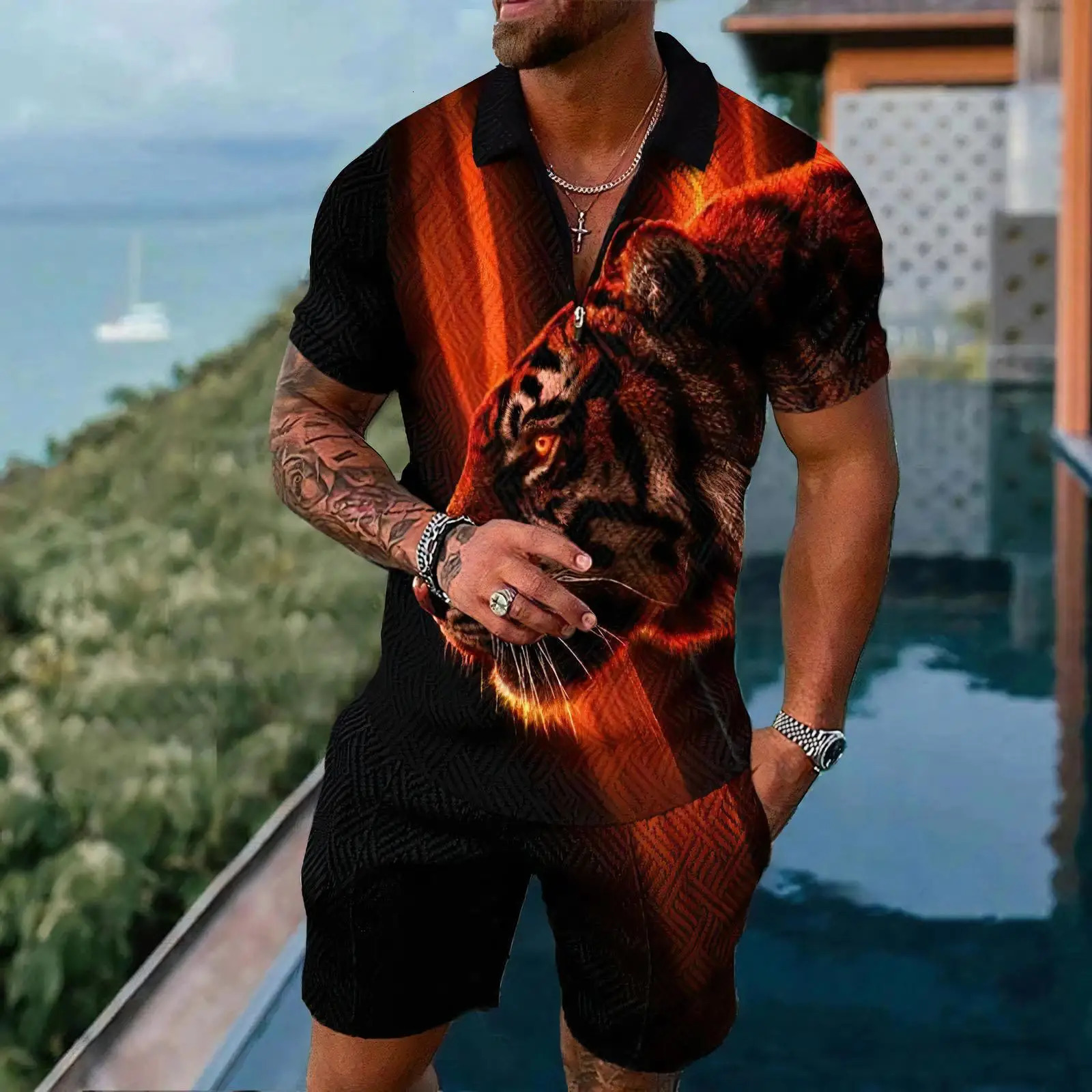 Gold Pattern Mens Polo Shirts Set Summer Short Sleeve Zipper Shirt Shorts 2PCS Suits Men Casual Sportswear 250530