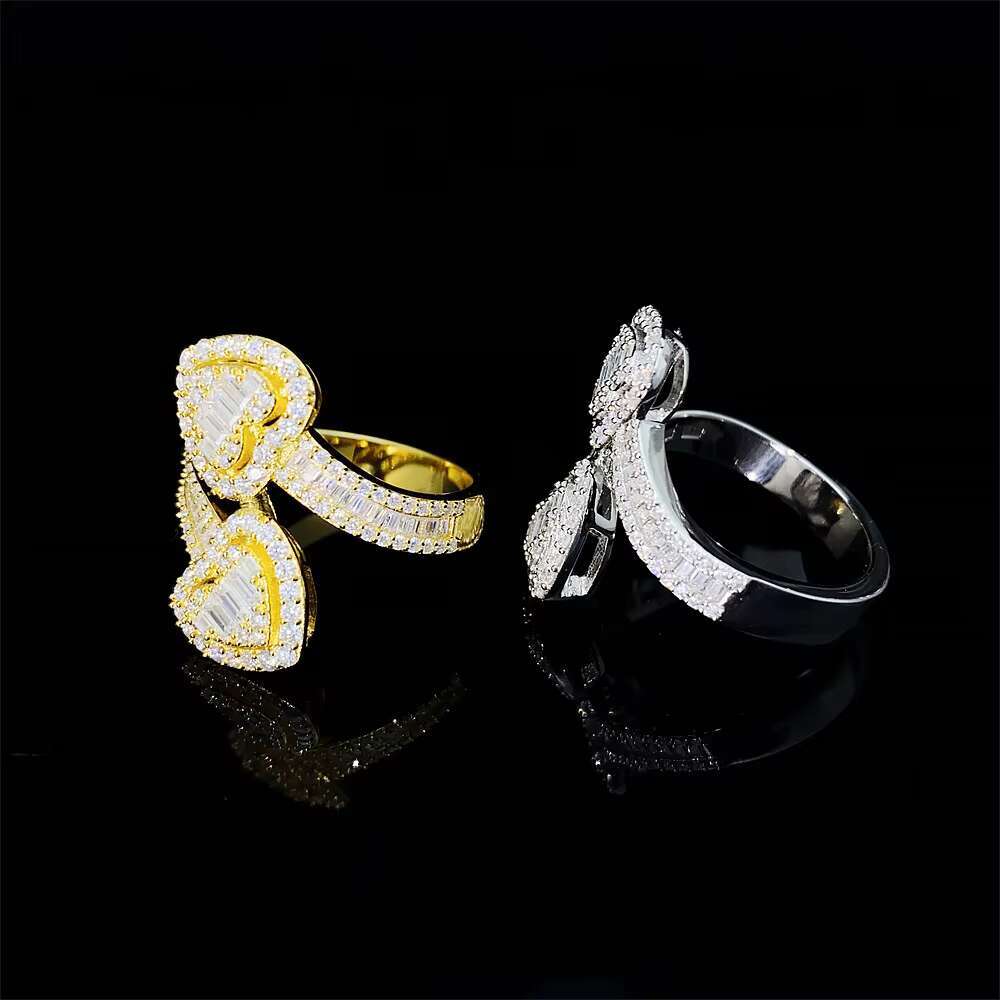 Custom Hip Hop Men Women Fine Jewelry Iced Out Gold Plated 925 Sterling Silver VVS Moissanite Diamond Double Heart Shaped Ring