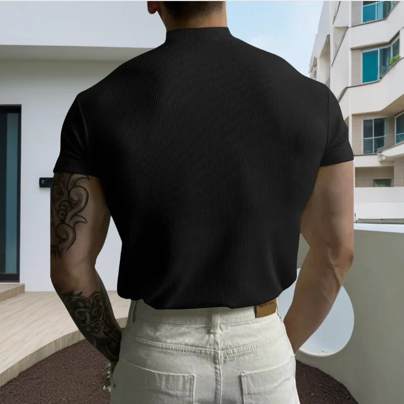 spring summer Elastic Comfortable Mens T-shirt Small high collar stripe shirt short sleeve fitness tops sports casual T-shirt 250603