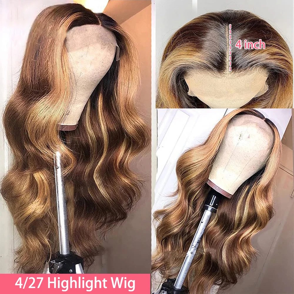 13x6 Hd Transparent Body Wave Lace Front Wig Colored Highlight Human Hair Wigs For Women Brazilian 4/27 Blonde Pre Plucked Wigs Synthetic