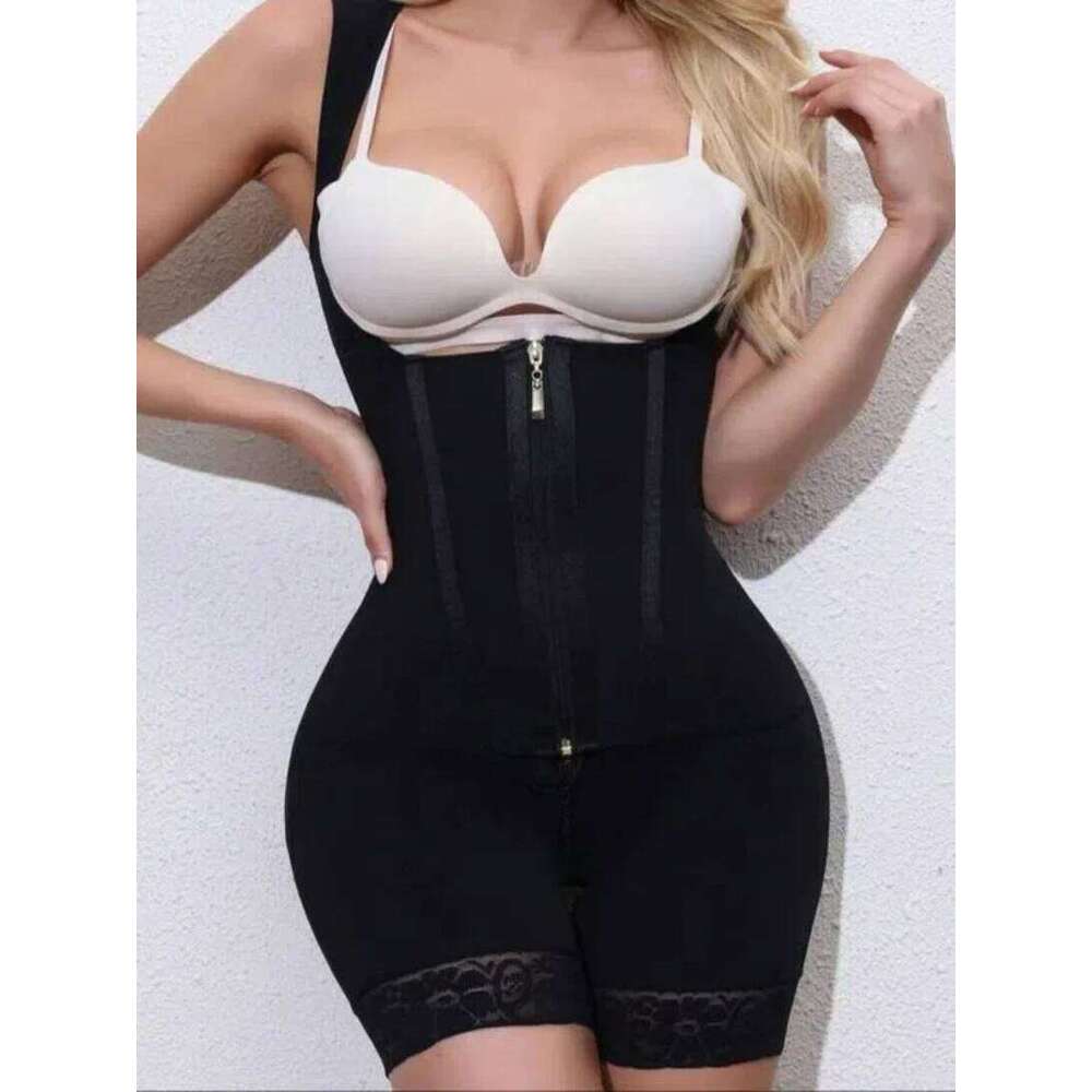 Women's Lace-Trimmed Shapewear Bodysuit - Tummy Control Corset with Adjustable Straps & Zipper, Black, Comfortable