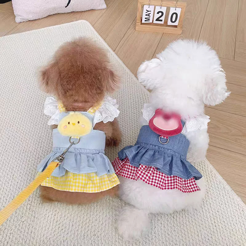 Cotton Girl Boy Collar Accessories For Small Dogs Yellow Pink Pet Outdoor Walking Cat Kitten Harness Dress With Plaid Apparels 250609