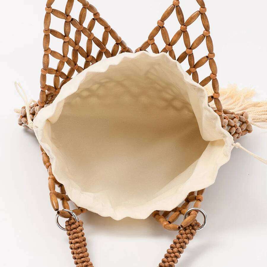 Summer Braided Bead Purse Handbags Solid Color Hollow-Out Woven Tote Female Travel Fringe Beach Reticulate Netted Canvas Clutch