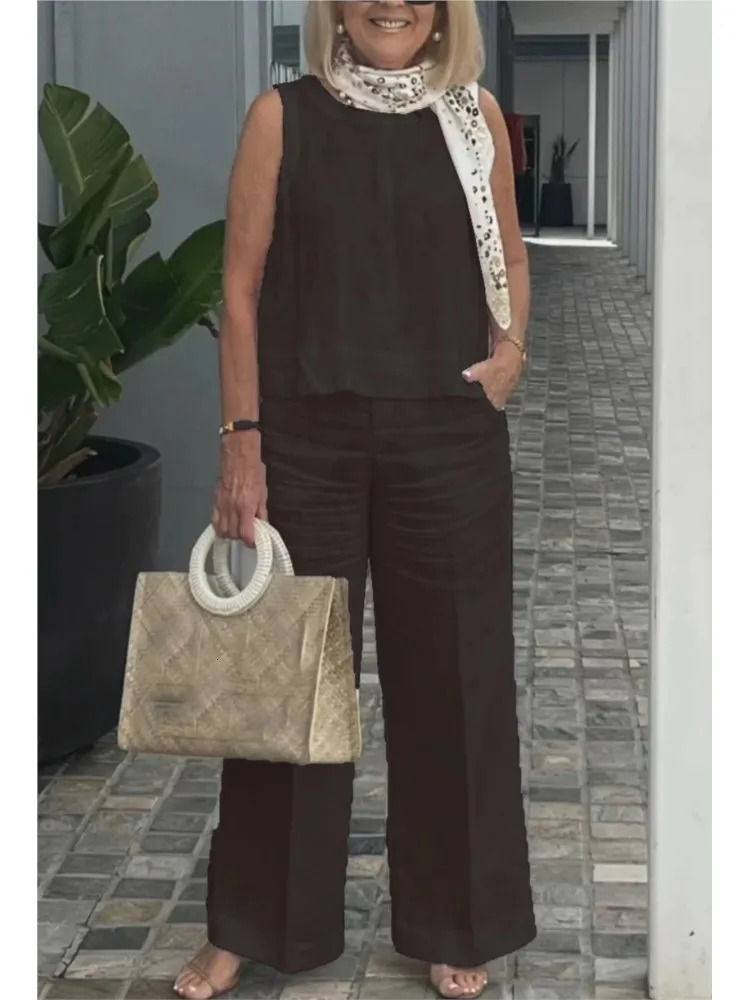 Summer Womens Cotton And Linen Suits Fashionable And Casual Sleeveless Tops Wide-leg Trousers Two-piece Set Womens Clothing 250606
