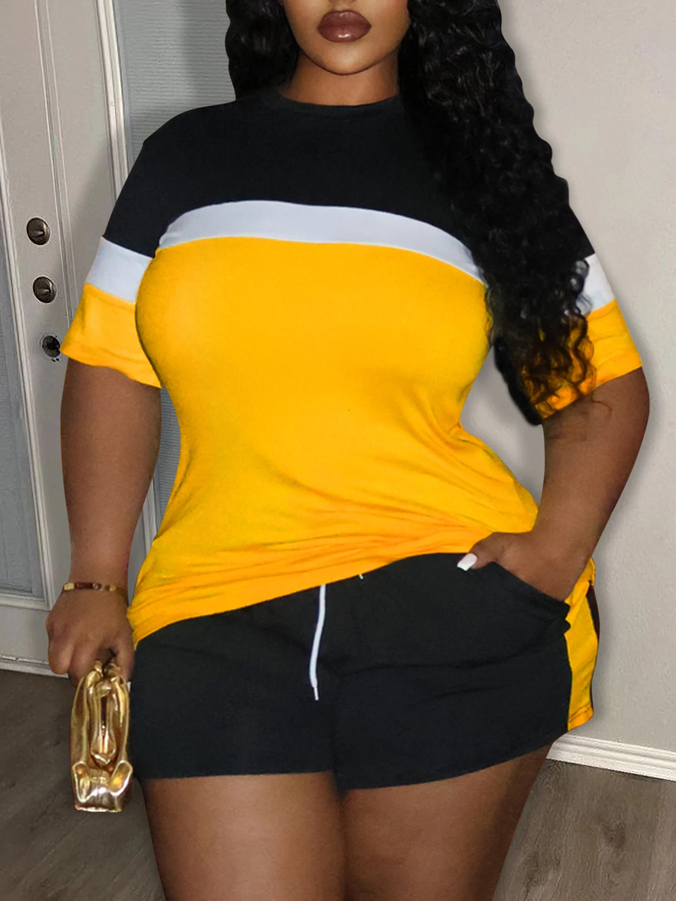 LW Plus Size women clothing Striped Pocket n Shorts Set plus size matching sets casual summer short sleeve Top shorts set 250603