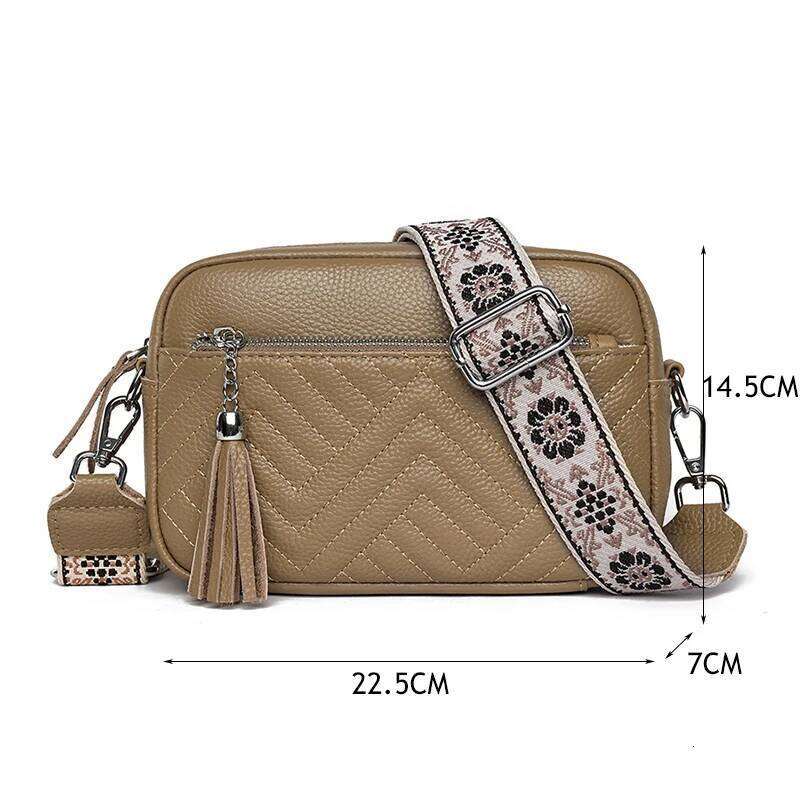 Fashion Wide Strap Crossbody Daily Commute Genuine Leather Handbag For Women Multi Compartment Zipper Shoulder Bag