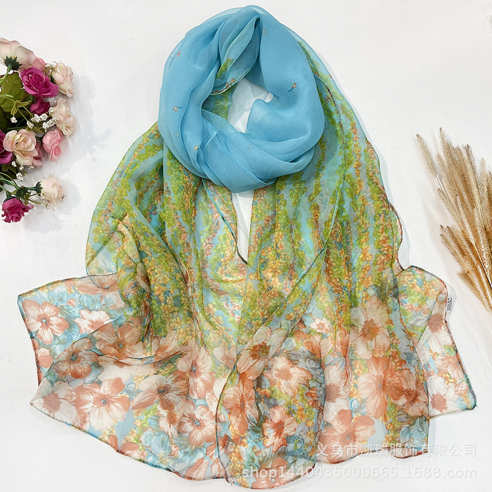 K970New all-match printed spring and autumn thin wisteria flower Georgette scarf female decorative sunscreen silk scarf wholesale long scarf