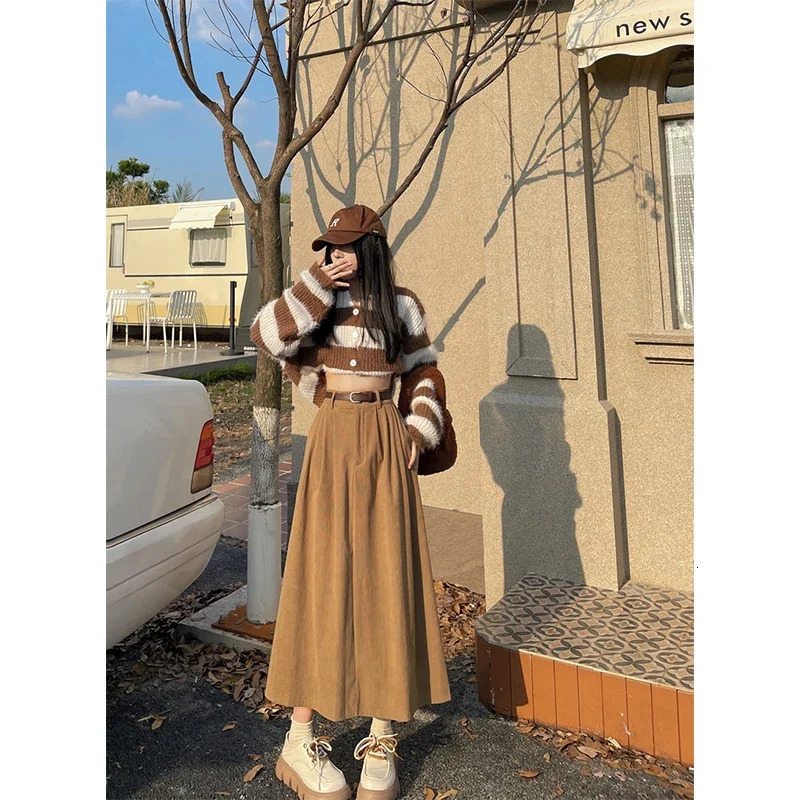 Vintage Belt Corduroy Midi Skirt Women High Waist Pleated A Line Skirts Autumn Winter Streetwear Korean Casual All Match Skirt 250529