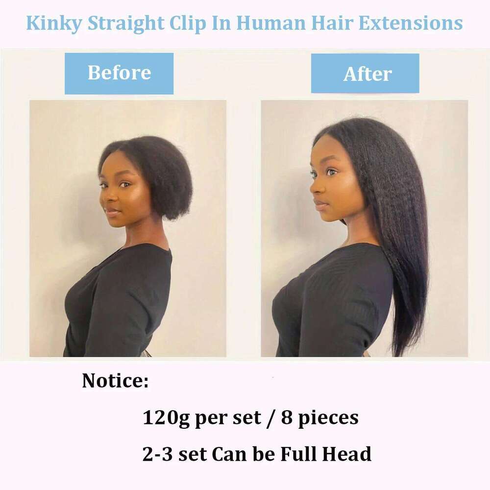 Kinky Straight In Extensions 100% Real Human Hair Natural Black 8 Pcs/120g Full Head Brazilian Remy Clip ins Seamless
