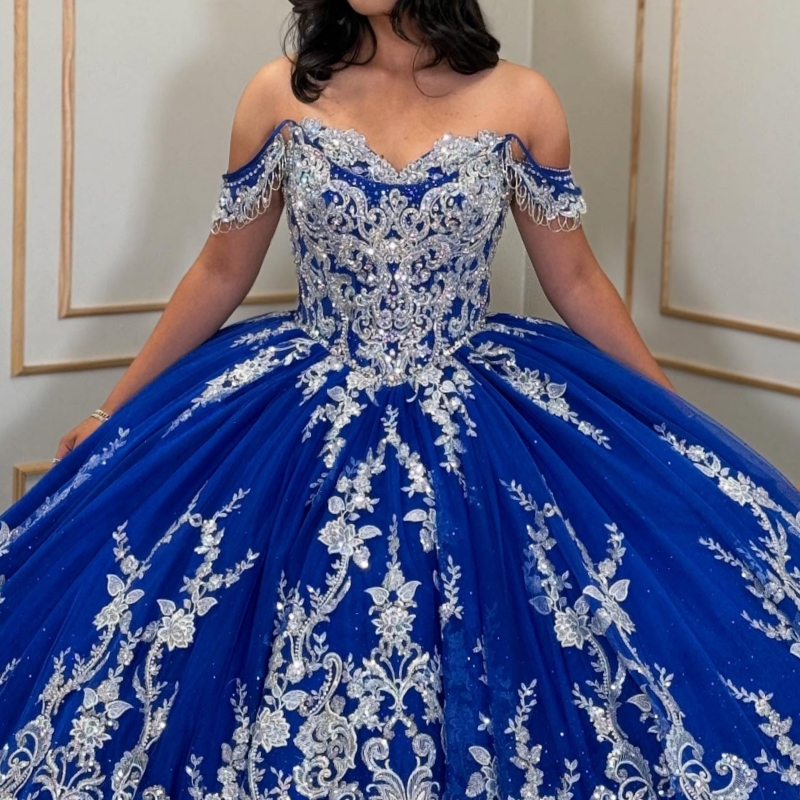 Royal Blue Quinceanera Dresses Ball Gown Off The Shoulder Applique Lace Beads Tull Sweet 16 Dress Vestidos 15 De Anos