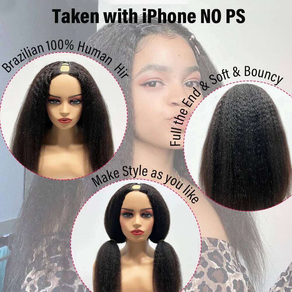 U Part Kinky Wigs Human No Leave Out 22 inches Brazilian Hair V Shape Yaki Straight Wig Natural Color Easy Wear