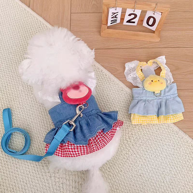 Cotton Girl Boy Collar Accessories For Small Dogs Yellow Pink Pet Outdoor Walking Cat Kitten Harness Dress With Plaid Apparels 250609