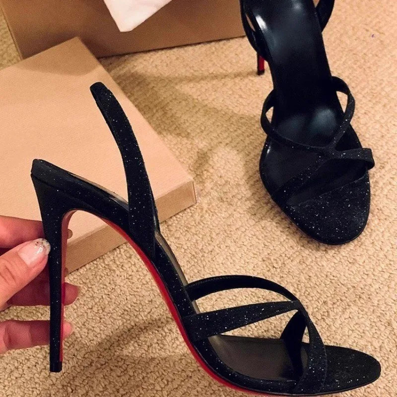 One Spaghetti Strap Sandals Black Sequins Womens Sense Dating Open Toe Thin High Heels 250606