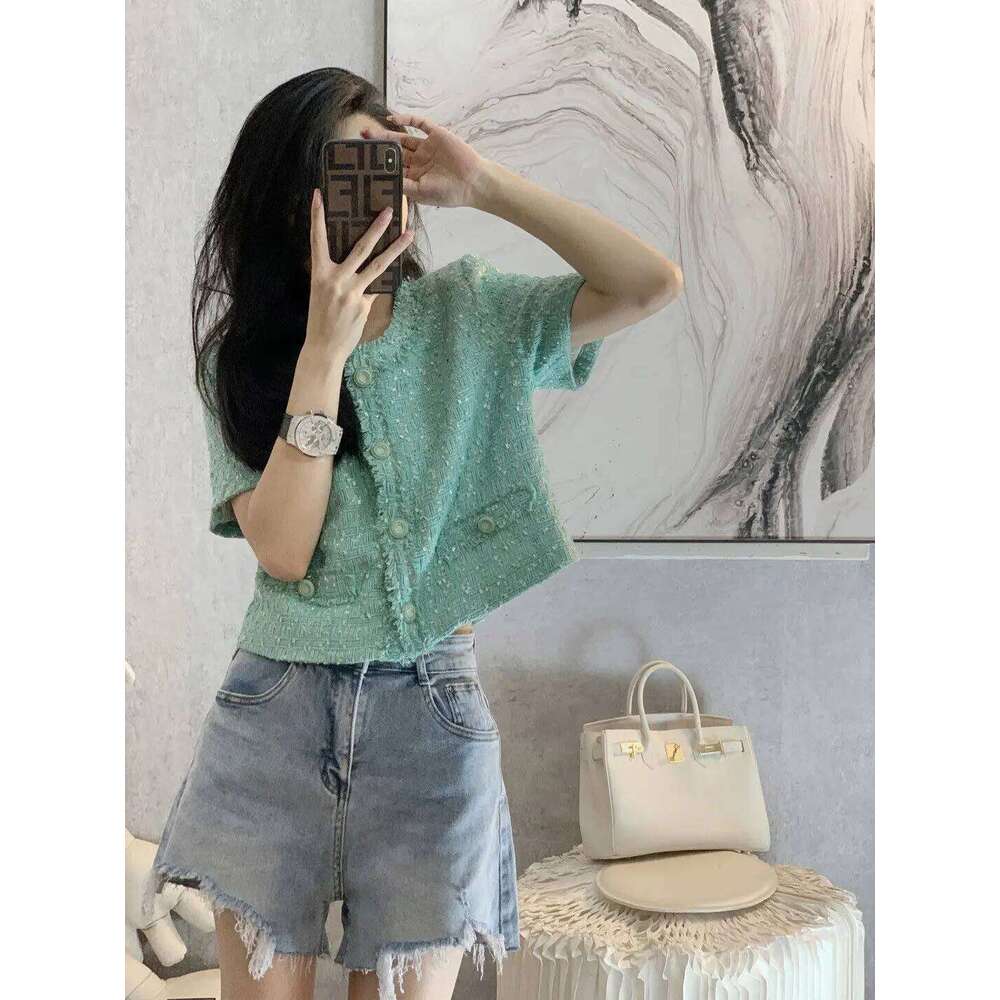 Vintage Fragrant Short Sleeve Jacket Women's Spring/Summer New Versatile Fashion Tweed Greent Coat