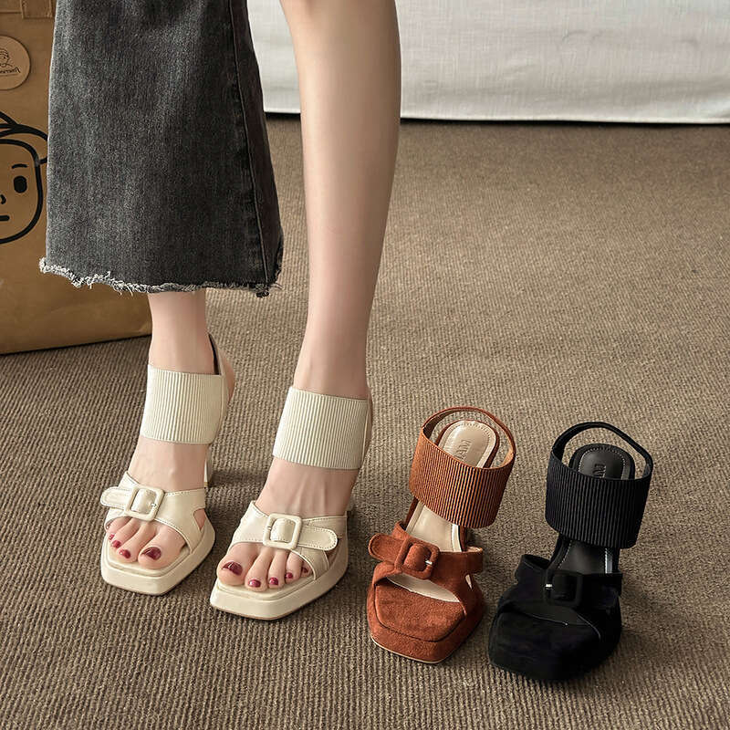 Suede Square Thick Sole Stiletto Sandals for Women 2025 Summer New Belt Buckle Waterproof Platform Open Toe High Heels