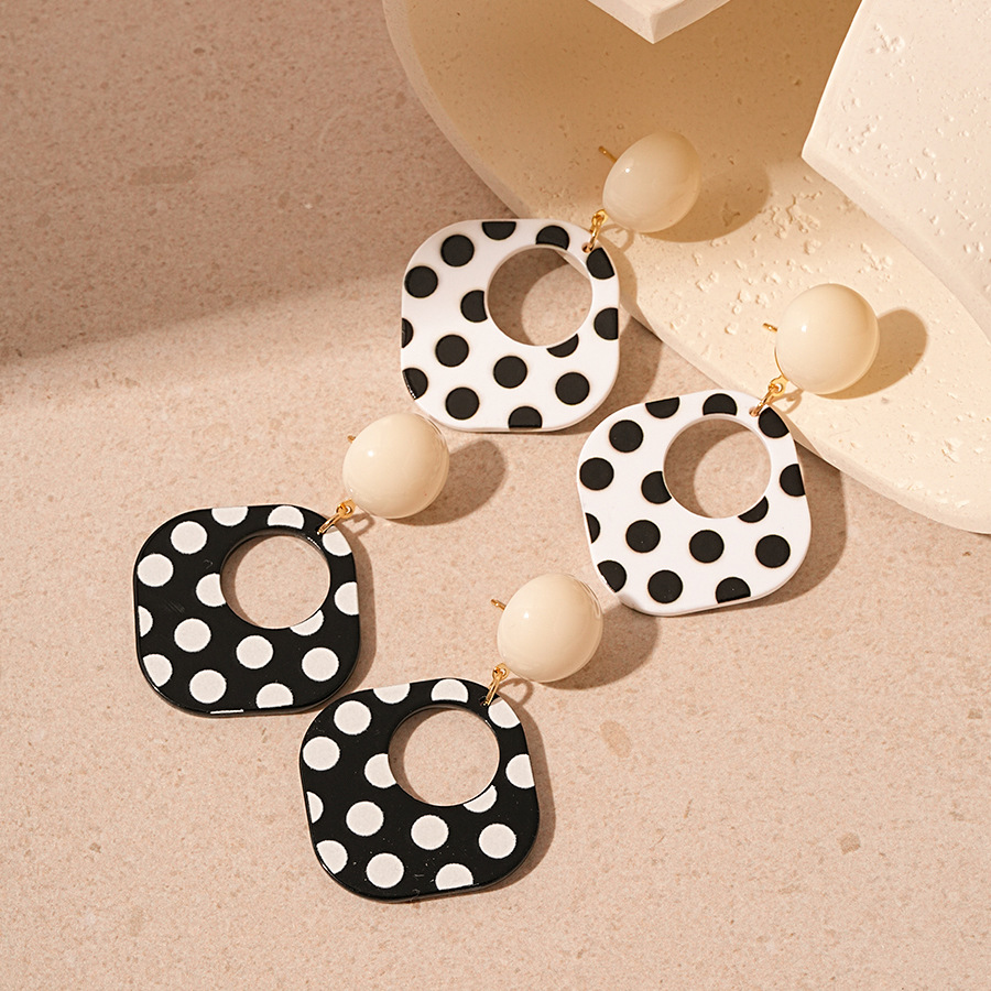Vintage Acrylic Black White Polka Dot Square Geometric Earrings with Sterling Silver Needles Stylish Minimalist Elegant Statement Ear Jewelry for Wome