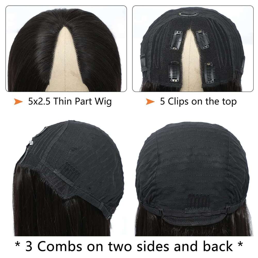 V Part Brazilian Virgin 32Inch Natural Color Straight hine Made Human Hair Wigs for Black Women