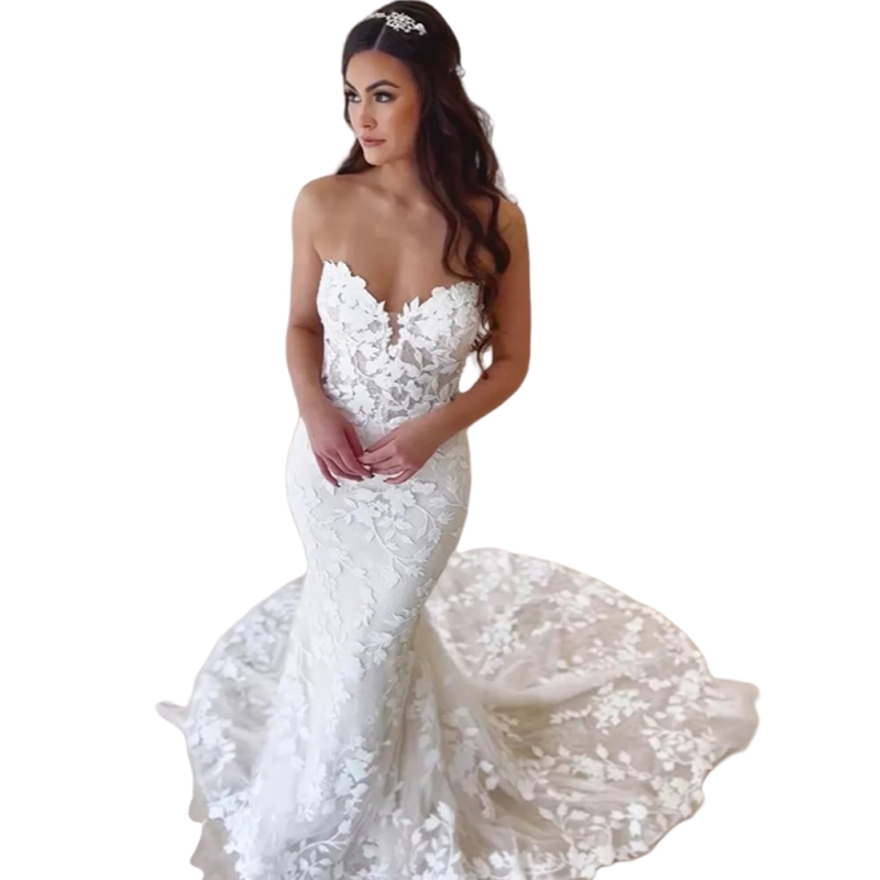 Elegant Bohemian Lace Mermaid Wedding Dresses Sweep Train Sweetheart Sleeveless Long Beach Bridal Gown Back Lace-up Corset