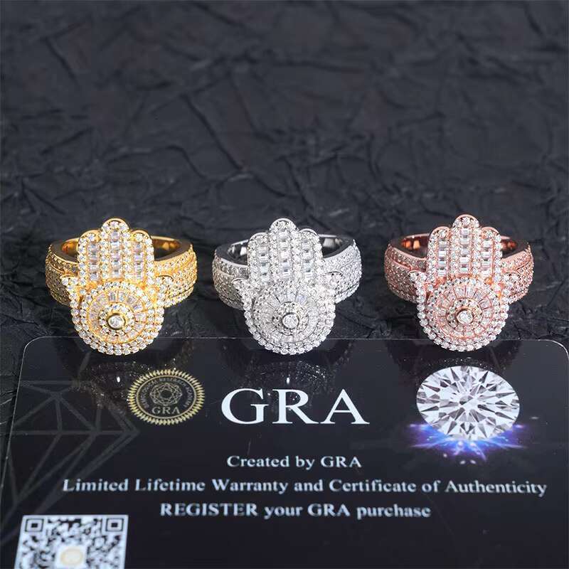 New Arrivals 925 Sterling Silver Iced Out Hamsa Hand Men Hip Hop VVS Moissanite Diamond Rings