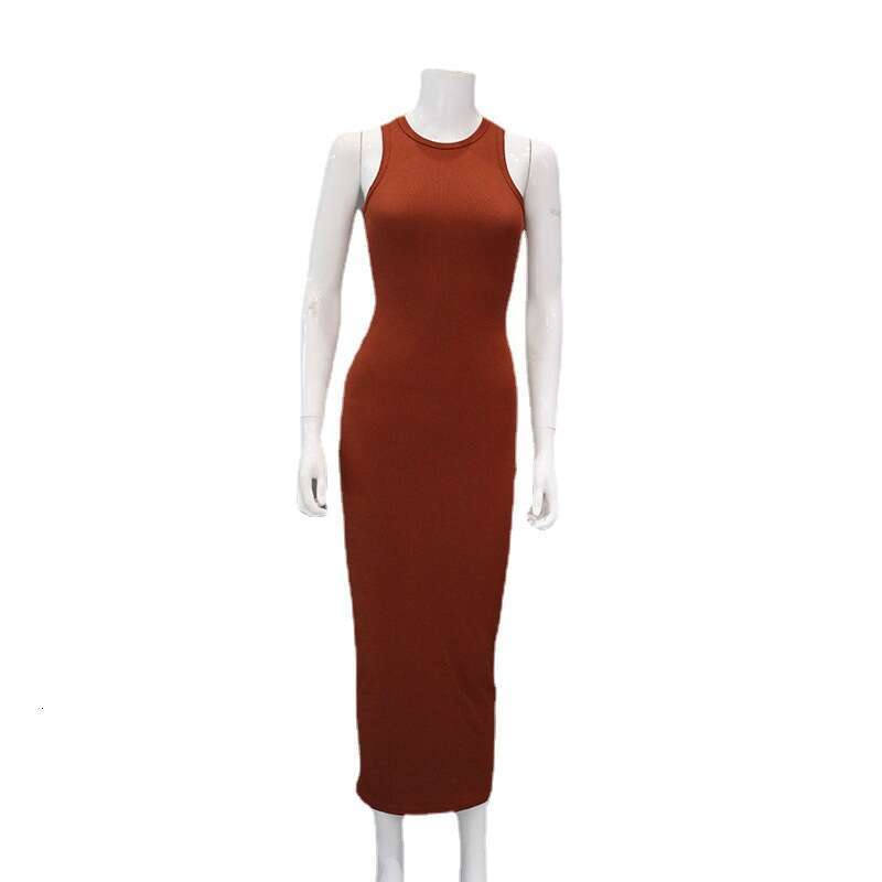 Women's Solid Color Bodycon Sleeveless High Elastic Round Neck Ribbed Casual Sexy Dress Trendy B5