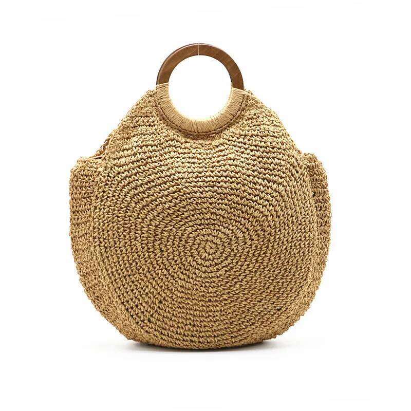 New 2024 Women's Woven Wooden Handle Straw Shoulder Bags Round Large-Capacity Beach Travel Handbag Crossbody Bag
