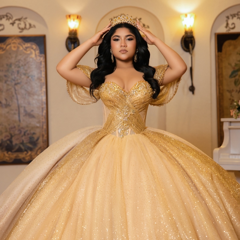 Gold Shiny Quinceanera Dresses Ball Gown Off The Shoulder Beading Crystal Tull Sweet 16 Dress Vestidos 15 De Anos