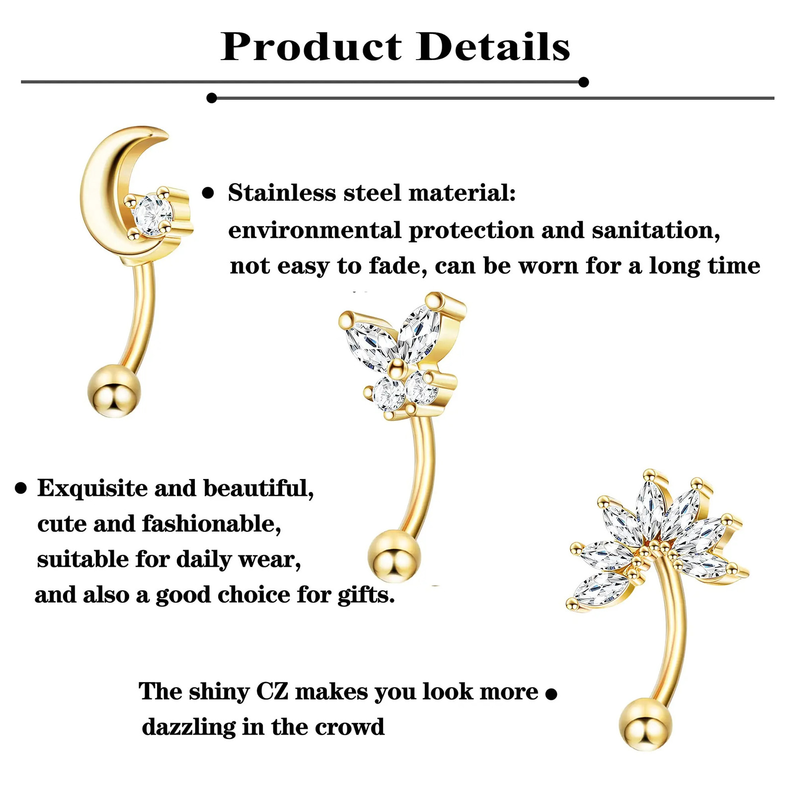 Drperfect 1pc 16G Eyebrow Rings Stainless Steel Belly Lip Cartilage Hoop Rook Daith Earrings Tragus CZ Piercing Curved Barbell 250606