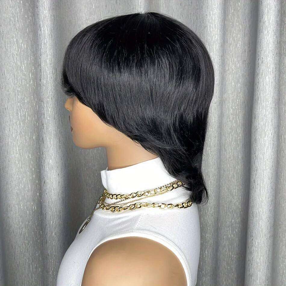 Short Mullet Wig Straight Pixie Cut Wigs 100% Human 12 Inch Brazilian Remy Hair Natural Color 180% Density For Black Women