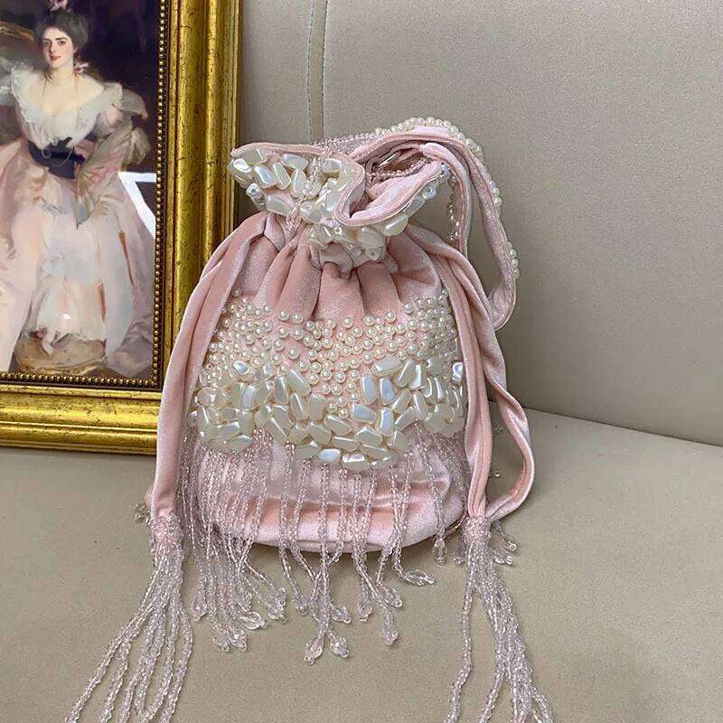 Pink Beads Beading Tassel Handmade Satin Bucket Glitter Dias Pearl Beaded Women's Handbag Lady Purse Female Shoulder Bag