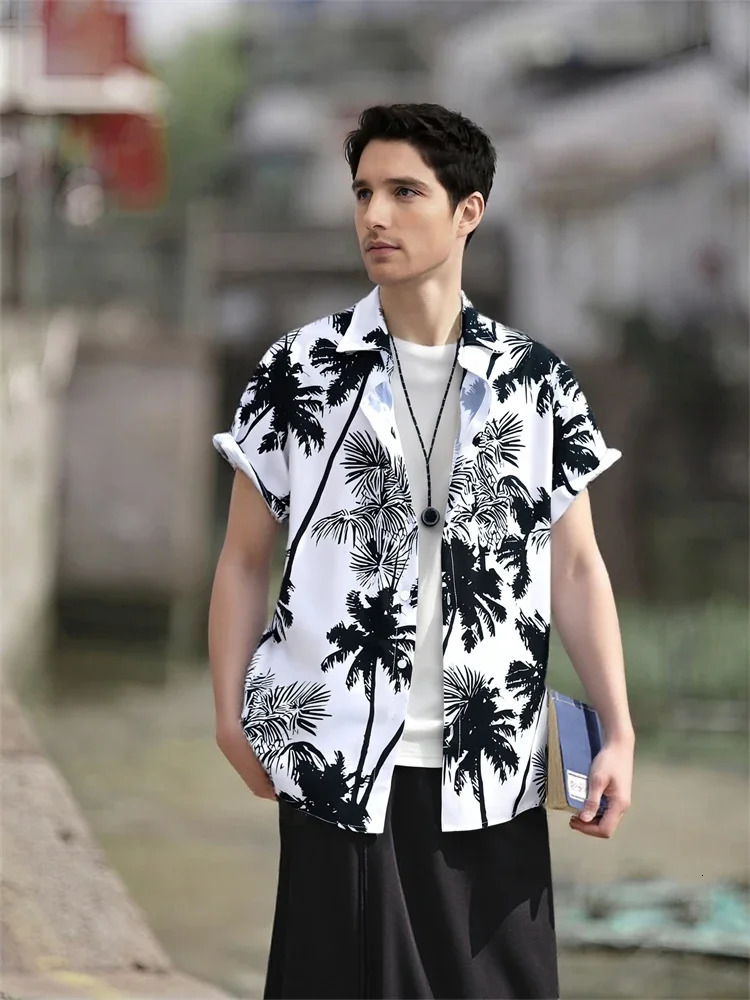 Hawaiian Shirt Man Print Casual Thin Beach Slim Fashion Shirt High Quality Black Social Vintage Funny Oversized Clothes 250606