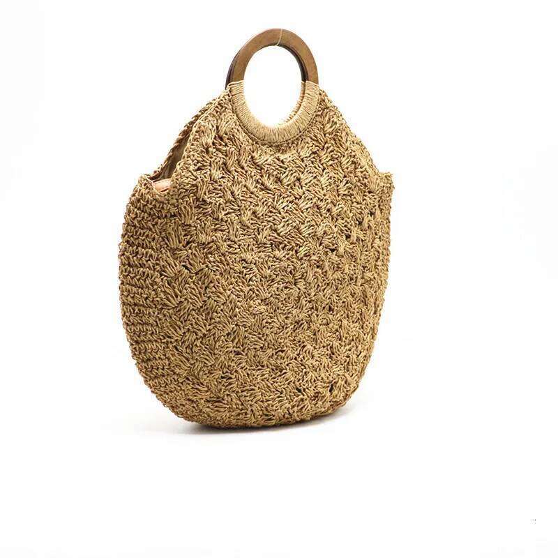New 2024 Women's Woven Wooden Handle Straw Shoulder Bags Round Large-Capacity Beach Travel Handbag Crossbody Bag