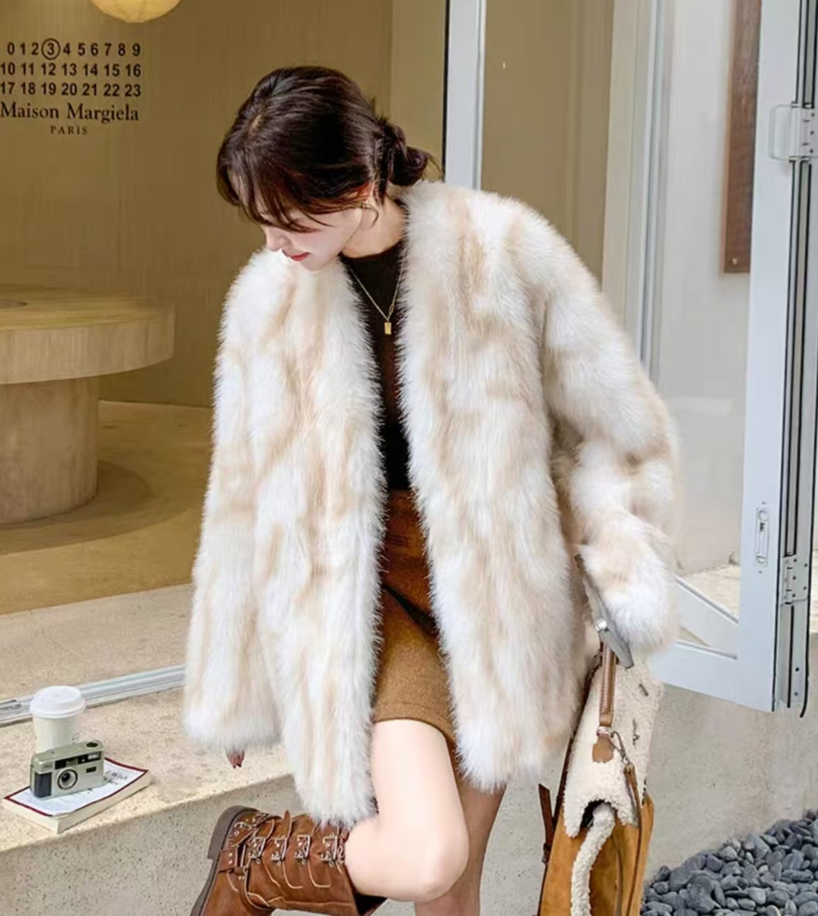 Fashionable Ivory Beige Faux Fur Wool Coat with Creative Orange Pattern for Women - Warm & Luxurious
